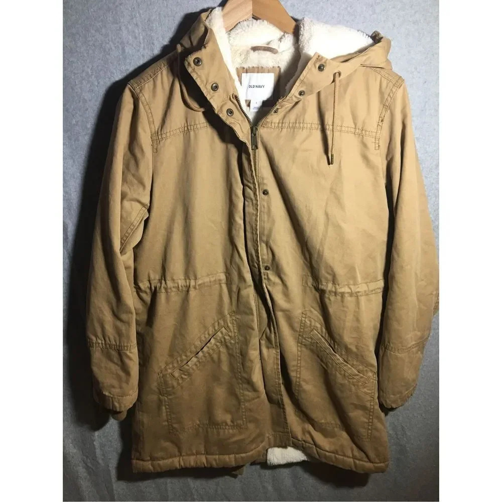 Womens Old Navy Jacket Thick Long Length Faux Fur Inside Winter Coat Neutral
